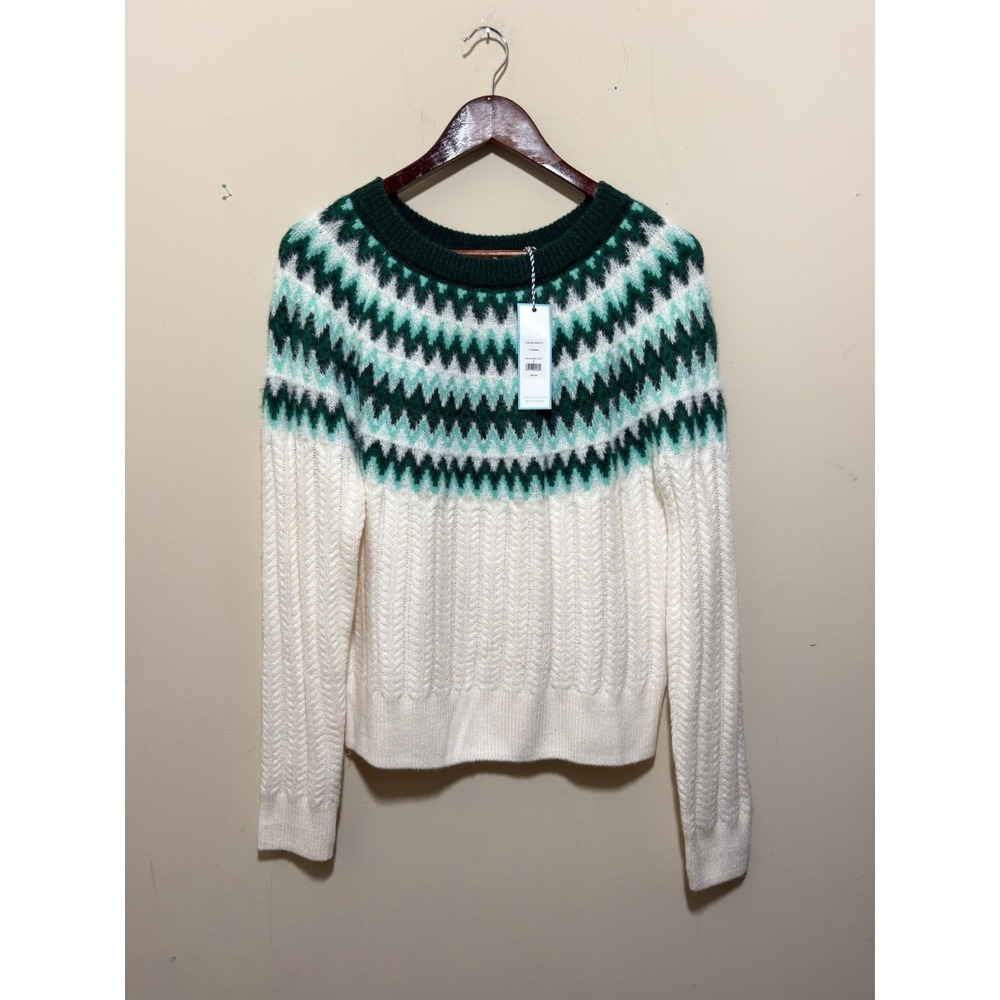 Draper James Green Fair Isle Cable Knit Sweater Ivory M Cozy Cabin Apres Ski